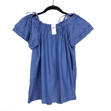 NWT Ann Taylor Loft Top Womens Size S Chambray Blue Tie Off The Shoulder Flutter