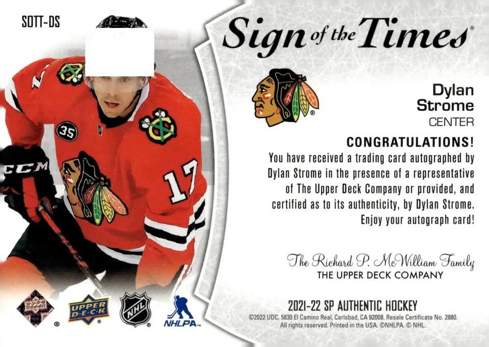 Dylan Strome - 2021-22 Upper Deck SP Authentic Sign Of The Times Card #SOTT-DS - Image 2 of 2