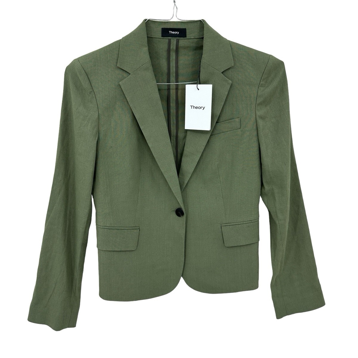 New! THEORY Shrunken Blazer Jacket Womens 0 Green $425 Linen