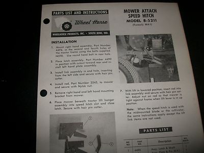 wheel horse, parts list & instructions MOWER ATTACH SPEED HITCH MODEL 8-5211