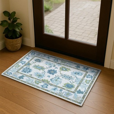 Green Oushak Rug, Modern Small Rugs, Vintage, Turkish, Eclectic, Floral, Pastel,