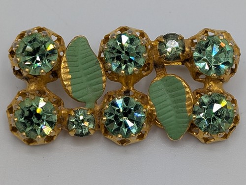 Vintage Österreich grüne Strass Brosche Ohrclips Set Demi Parure vergoldet - Bild 10 von 21