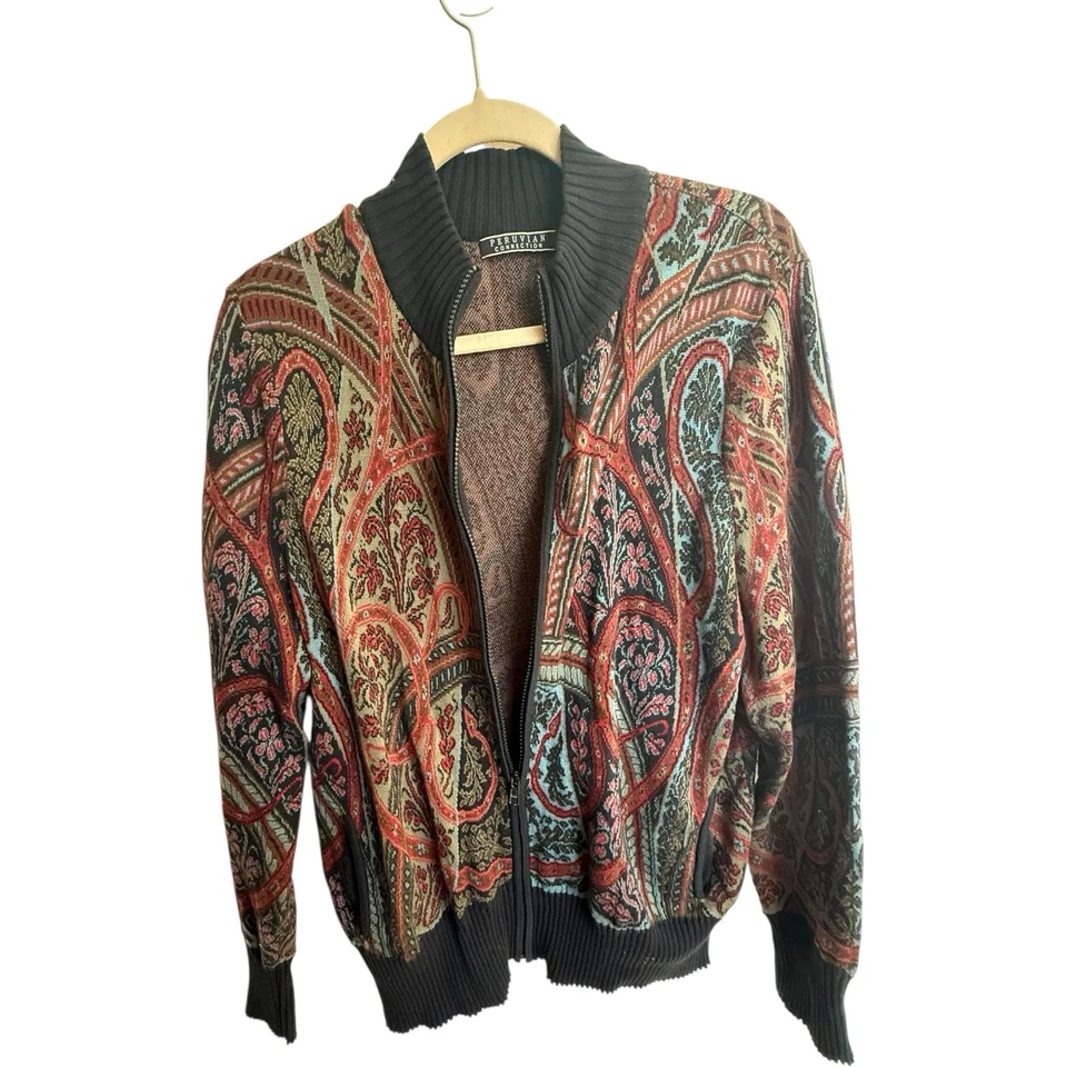Cárdigan Suéter Peruvian Connection XL Tapiz Paisley Pima Algodón Cremallera Frontal Foto 3 de 4