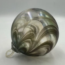 Iridescent Pulled Feather Art Glass Ornament Heavy Studio Blown Glass Eye Studio