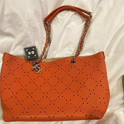 Orange Perforated Tote/Shoulder Bag w/ Pouch and Silver Hardware