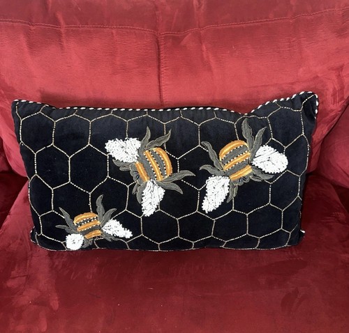 MacKenzie Child's Bumble Bee Lumbar Pillow 22" x 14" Velvet Glass Beads