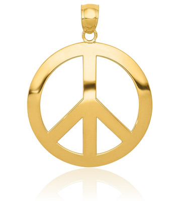 14K massives Gelbgold großes Peace Zeichen Anhänger Halskette 30mm 1,2 Zoll poliert