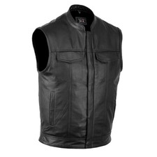 Men's Motorcycle Club Leather Vest Concealed Carry Arms Solid Back