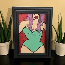Original painting Beach Babe #3 Ooak Framed Acrylic Weird Art Woman Pink Hair