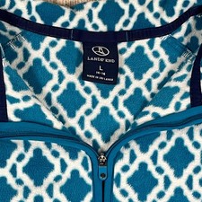 Lands End Womens Fleece Pullover Quarter Zip Geometric Print Teal White Size L
