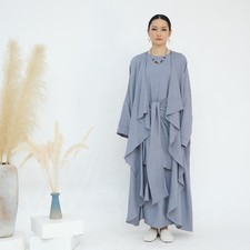 Ramadan Women Muslim Open Abaya Cardigan Inner Dress Sets 2 Piece Kaftan Kimono