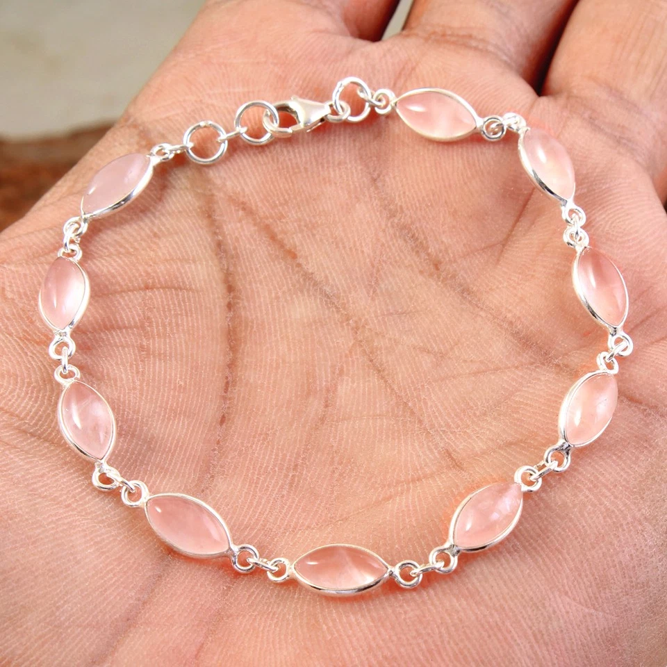 Rose Quartz Gemstone 925 Sterling Silver Handmade Bracelet Size 8.5" - Image 2 of 2