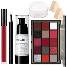 Halloween Makeup Kit - 15-Color Red Eyeshadow Palette, White Liquid Foundation,