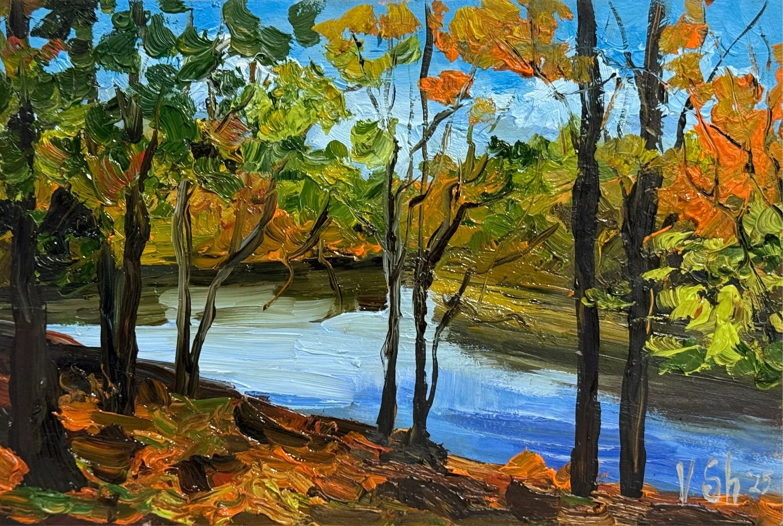 Golden AUTUMN LANDSCAPE FOREST ORIGINAL Impressionism Modern Art Oil painting
