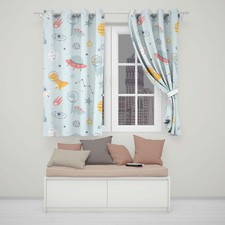 Kids Blue Rocket Dinosaur Blackout Thermal Eyelet Curtains Space Dino Fun Drapes