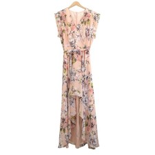 Eliza J Floral Print Maxi Dress High Low Belted Waist Cap Sleeve Pink Size 16