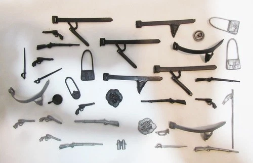 MARX BLUE AND GRAY PLAYSET LOT OF 35 SMALL ACCESSORIES VINTAGE SILVER & BLACK