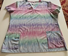 White Cross Woman's Scrub Top Multi Color Splash  Sz. L  2 Pockets