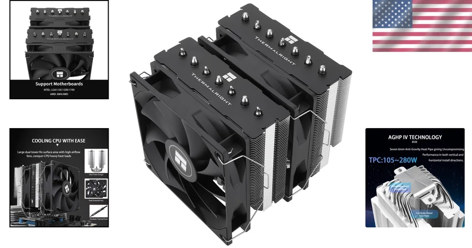 CPU Air Cooler with 7 Heat Pipes, Dual 120mm Fans - Image 2 of 4