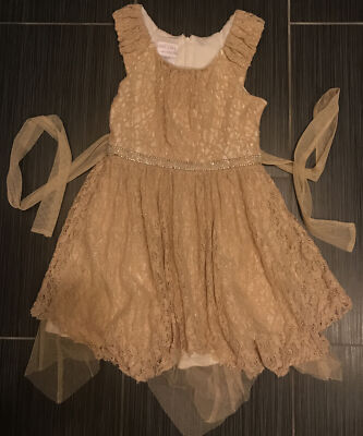 Girls Iris and Ivy Beige Lace Crystal Belt Party Dress size