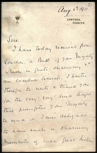 1911 Letter Earl of Lonsdale to King GEORGE V, receipt of the Kings BUST
