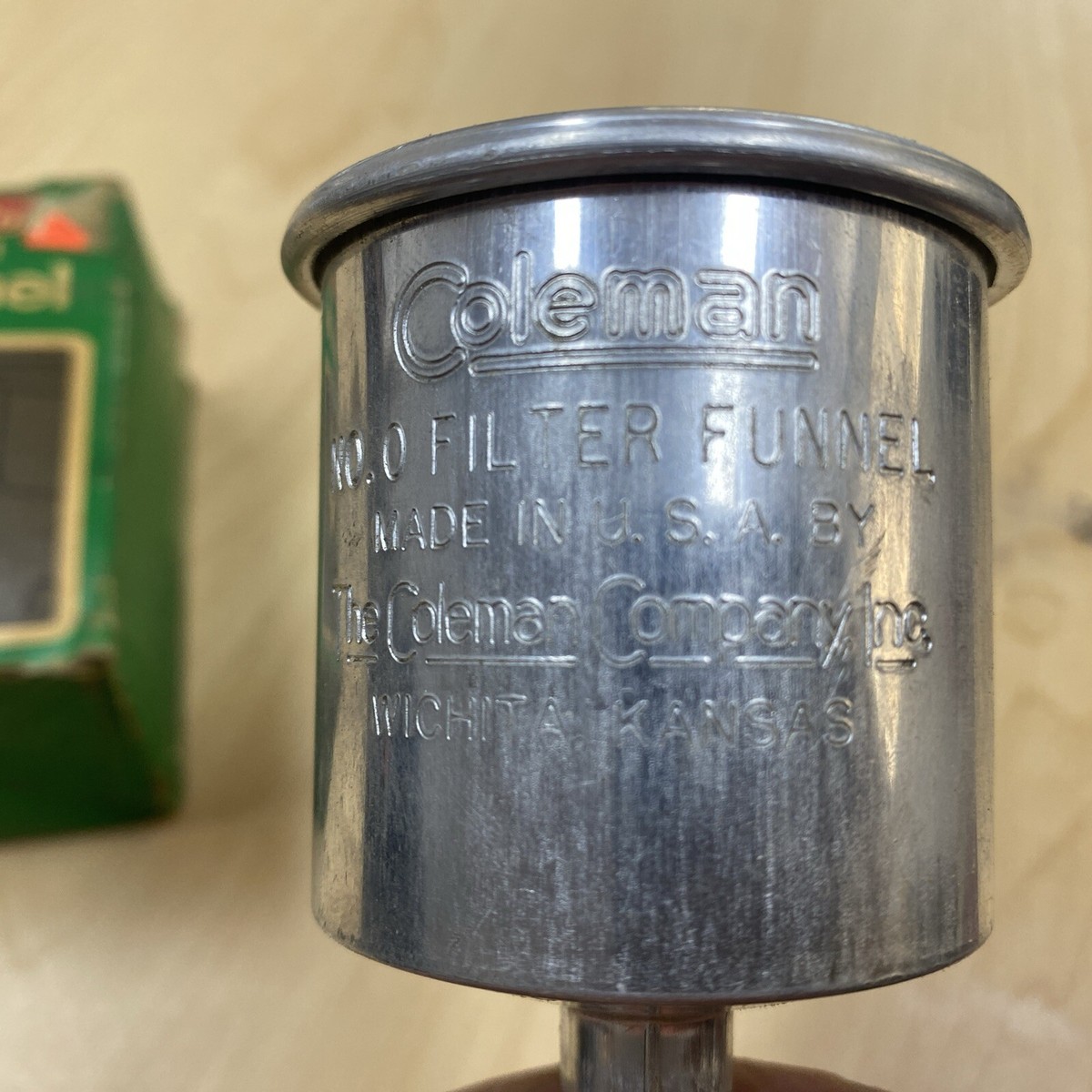 Coleman - 美品Coleman funnel ビンテージ品　アメリカ製アルミ仕様 ファンネル VTG Coleman Filtering Funnel with Original Box,Wichita