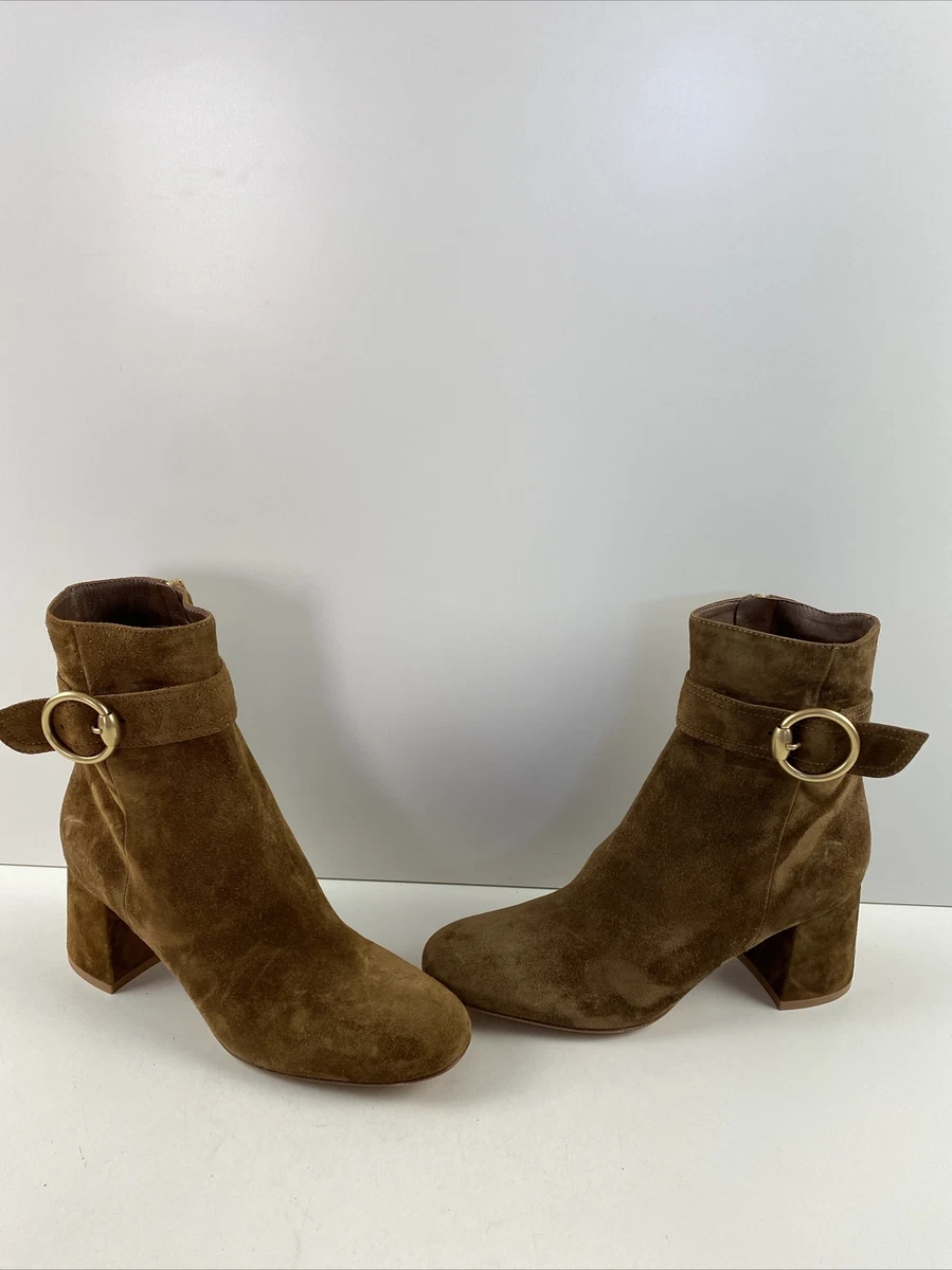 Gianvito Rossi Brown Suede Round Toe Side Zip Block Heel Ankle