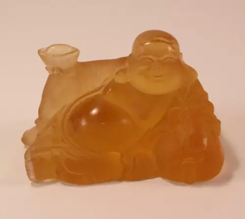 DAUM GOLDEN HAPPY BUDDHA AMBER ORANGE TONE PATE DE VERRE FIGURINE PAPERWEIGHT
