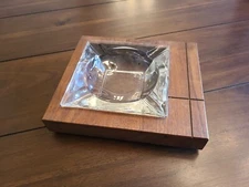 Vintage Desktop Tabletop Cigar Ashtray Wood Base Clear Glass 8.5" x 7.5"