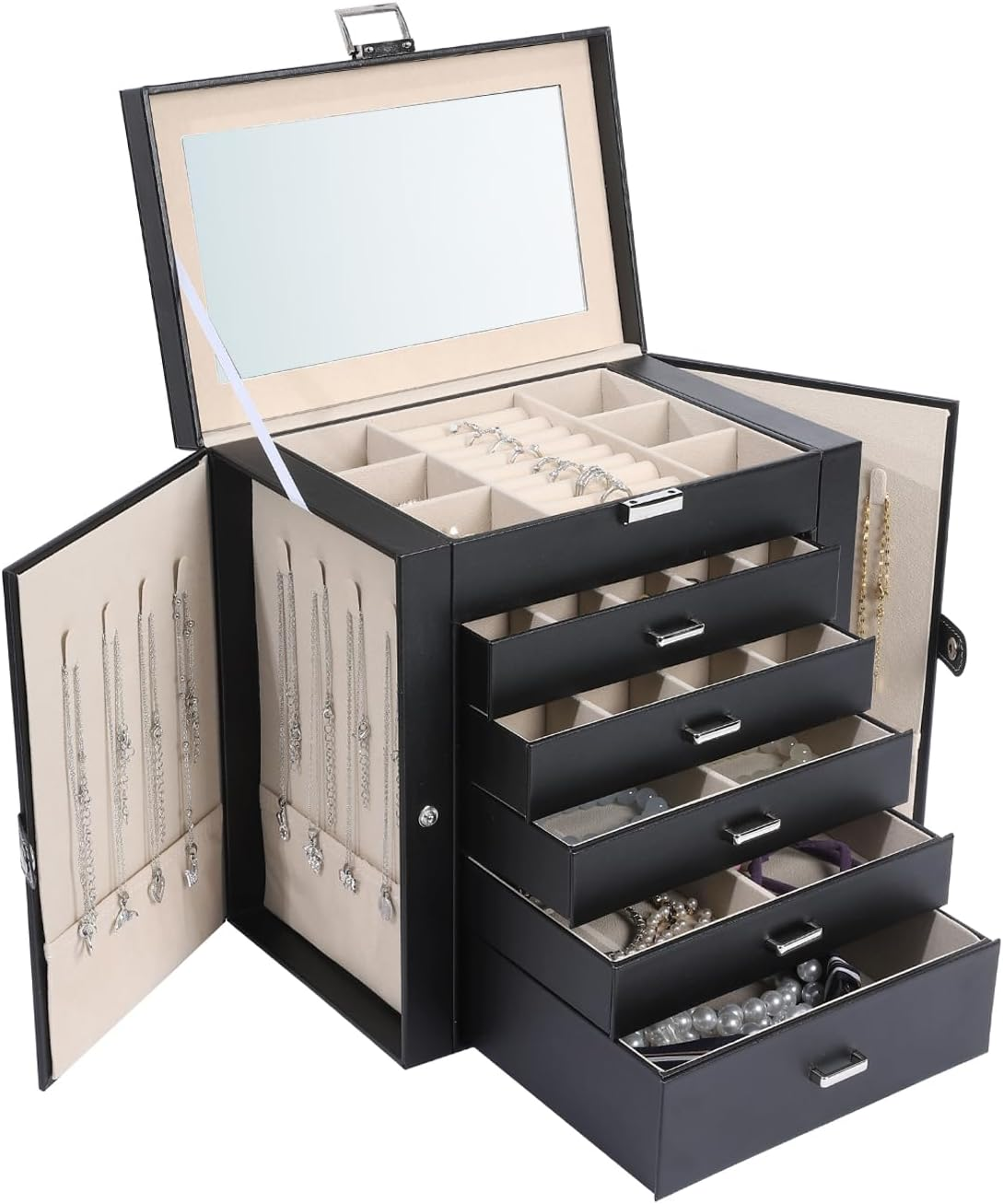 Jewelry Box for Women, 6 Layer Lockable Large Jewelry Holder Organizer with 5 Dr-image
