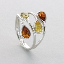 Teardrop Multi-Color BALTIC AMBER Ring - 925 STERLING SILVER Poland 90e