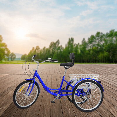 24 Zoll Faltbar Dreirad Erwachsene 7-Gang 3-Rad Blau Bicycle mit Lagerung Korb