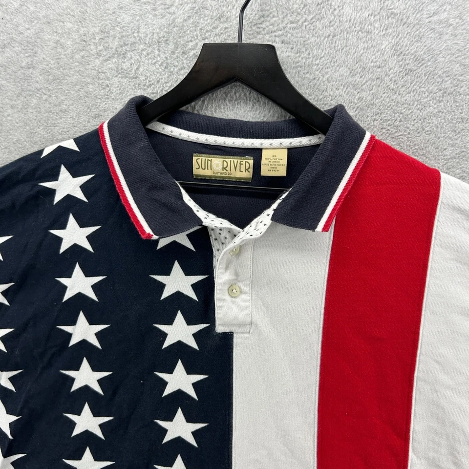 American Flag Shirt Mens Size XL Red White Blue Polo Sun River VTG Short Sleeve - Image 4 of 4