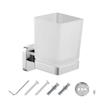 JASSFERRY Toothbrush Tumbler Holder Wall Mounted Frosted Glass Square Cup Chrome