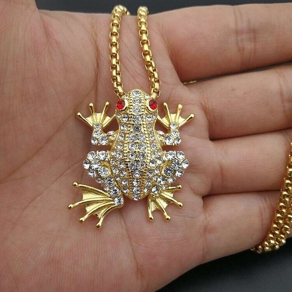 Alternate view of Men's Amulet Gold Plated Rhinestone Frog Necklace Pendant Fashion Jewelry Chain