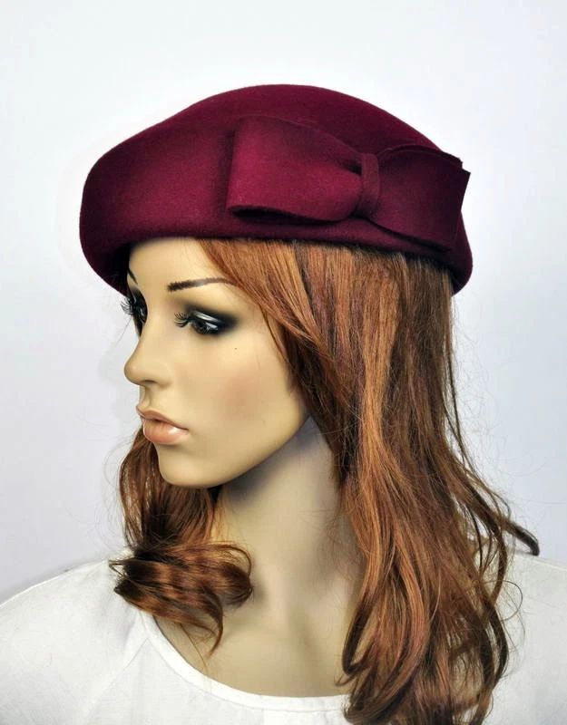 M60 Elegante Lazo 100% Lana Para Mujer Invierno Iglesia Vestido Sombrero Gorra Fedora ROJO VINO Foto 2 de 4