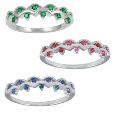 Sterling Silver Wavy Design Ring w/ Green, Red or Blue Colored CZ Stones