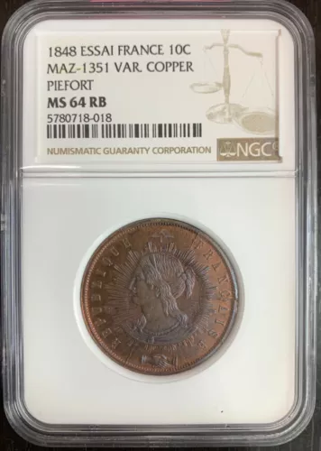 Frankreich - 10 Cent Probe Piefort Kupfer 1848 - NGC MS64 RB “Top Population“