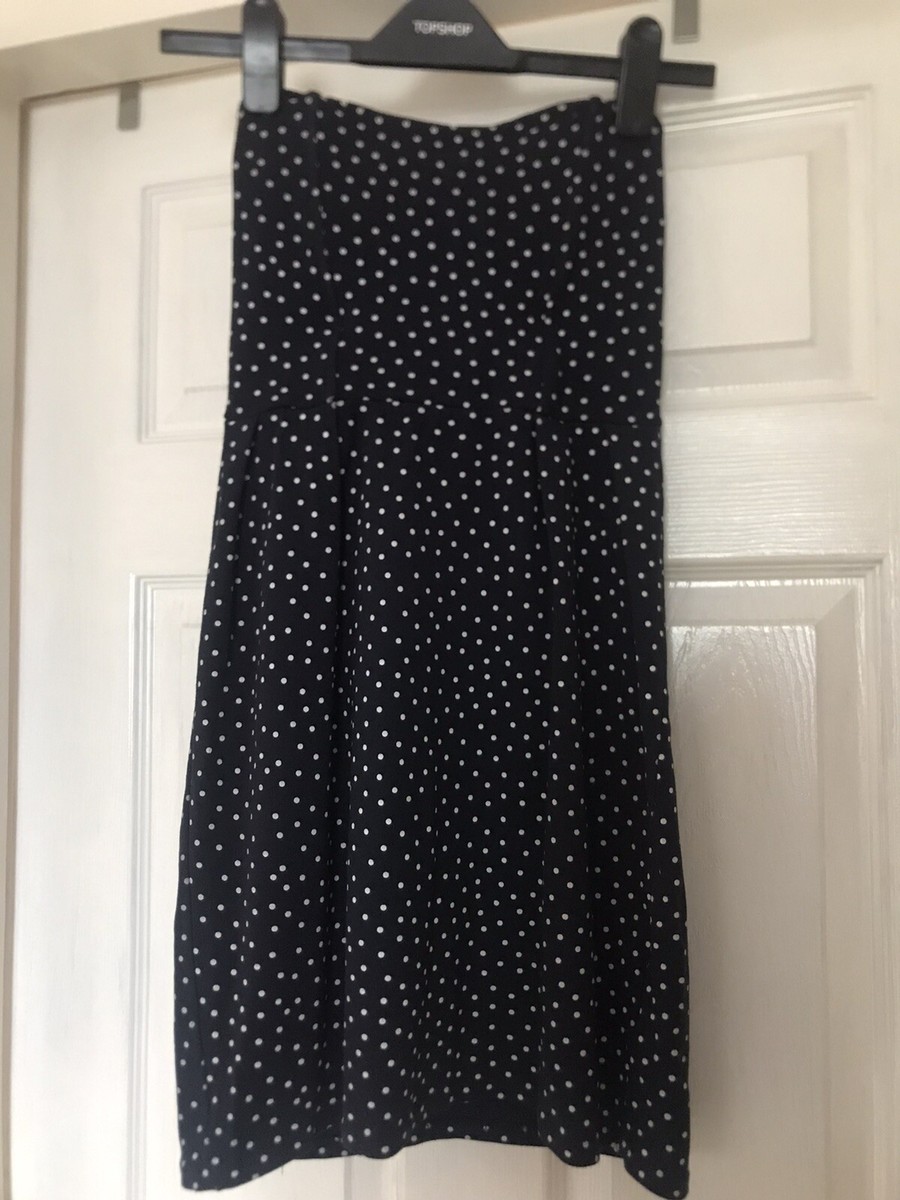 Womens Zara Navy Blue Polka Dot Bandeau Mini Dress Gold Zip Back