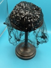 VINTAGE LADIES HAT / BLACK SEQUINS FANCY NETTING / PILL BOX/ RETRO STYLE