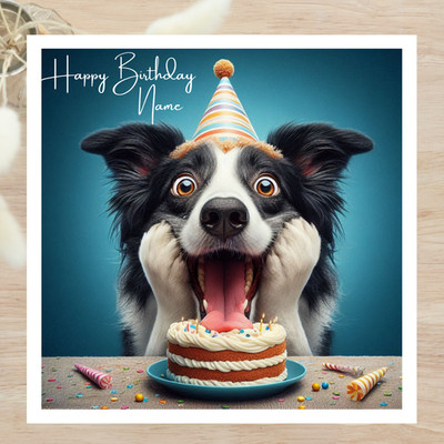 Personalisierte Karte lustiger Border Collie Hund mit Geburtstagstorte Grußkarte