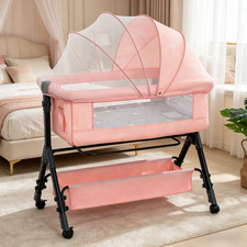 3 in 1 Bedside Sleeper Baby Bassinet, Portable Crib with Storage Basket Wheels