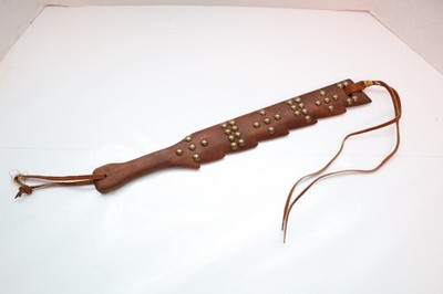 VTG PLAINS WOOD & LEATHER QUIRT Nail Heads HORSE WHIP  17'' Native American