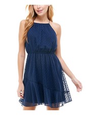 CRYSTAL DOLLS Womens Navy Sleeveless Short Evening Fit + Flare Dress S
