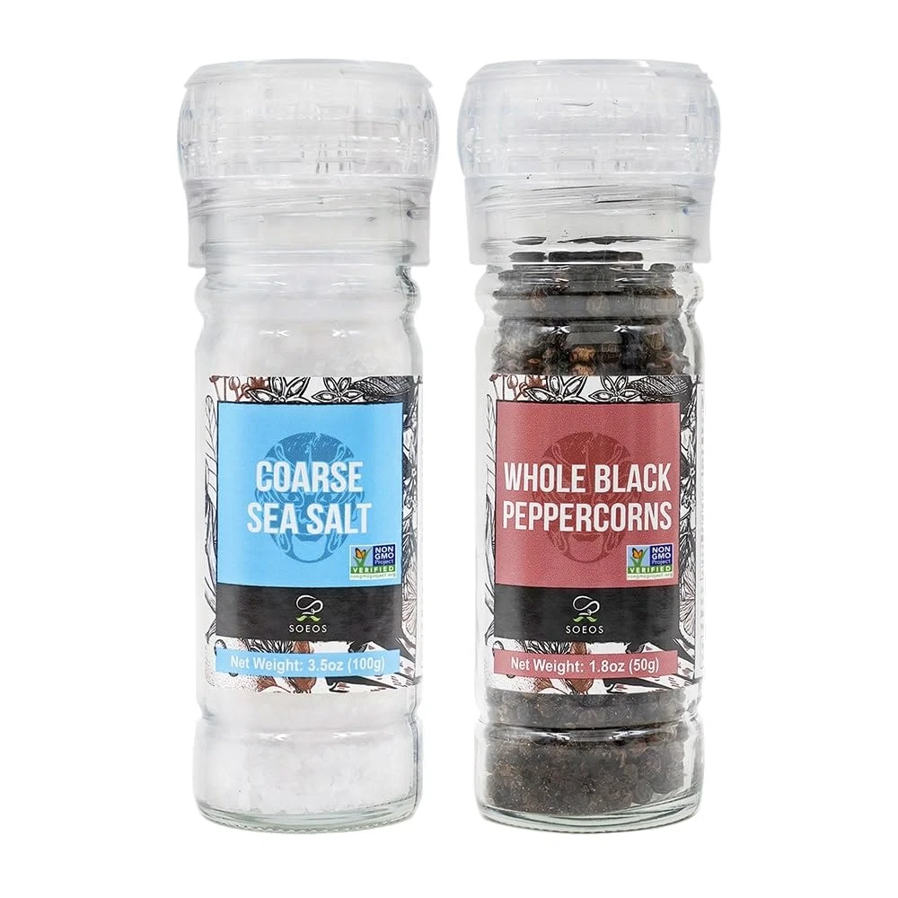 Sea Salt 3.5 Oz + Black Peppercorns 1.8 Oz, Salt for Grinder Refill, Salt and Pe
