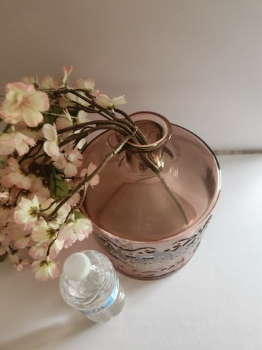 Large Glass Pink Small Neck Bottle "All You Need Is Love" With Cherry Blossoms - Picture 7 of 10