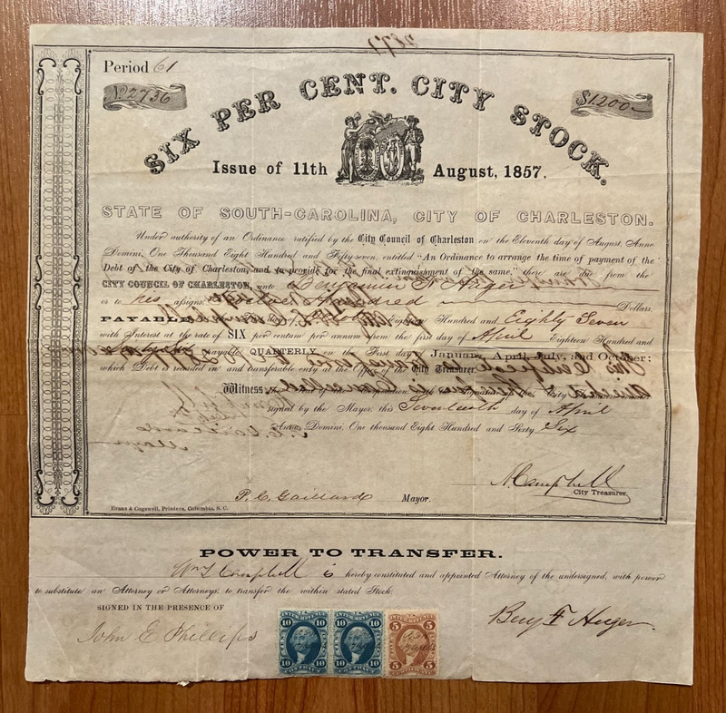 1866 City of Charleston, NC stock, Peter Gaillard, Mayor, Civil War Colonel