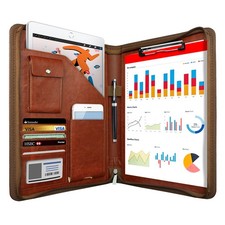 Brown Leather Padfolio Organizer with Clipboard Document Sleeve and Card Slots
