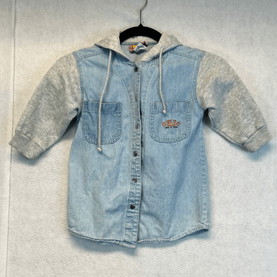 Vintage CHIC JEANS Shirt Girls Med 5/6 Gray Blue Denim Snap Button Front Hooded