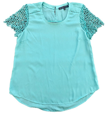 NEW Brixon Ivy Light Green Crocheted Sleeve Draped Blouse Knit Top Tunic M